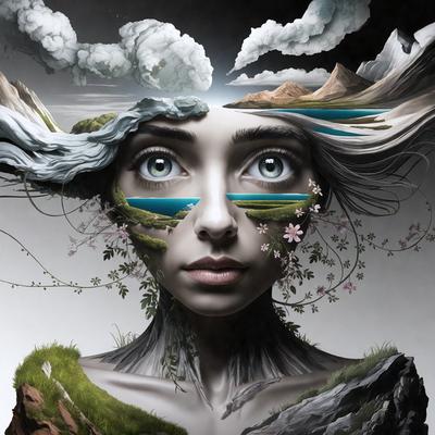 The primary subject of the image is a woman with a unique and artistic appearance. She has a flower on her face and is surrounded by a variety of elements, including a mountain, a lake, and a forest. The setting appears to be a mix of natural and urban elements, creating a visually striking scene. The visual style of the image is a combination of digital art and illustration, giving it a surreal and dreamlike quality. The colors and mood of the image are predominantly dark and moody, with the woman